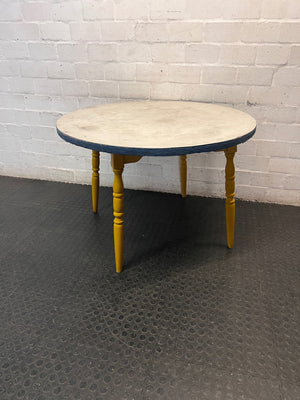 Round Yellow Wood Outdoor Table with Blue Trim — Visible Wear and Surface Staining – main front view