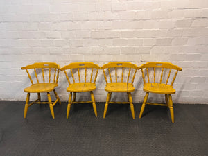 Yellow Farmhouse Style Wooden Outdoor Chair — Cracked Seat and Worn Paintwork – back view