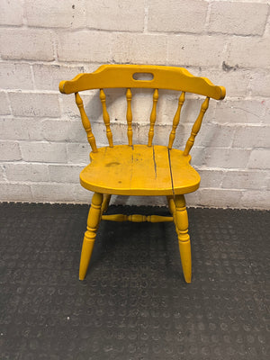 Yellow Farmhouse Style Wooden Outdoor Chair — Cracked Seat and Worn Paintwork – main front view