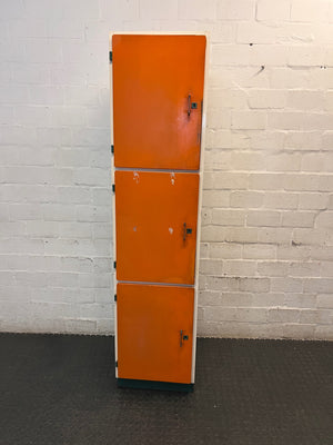 Tall Orange and White Three-Door Storage Cupboard — Well Used with Visible Marks and Scuffs – main front view