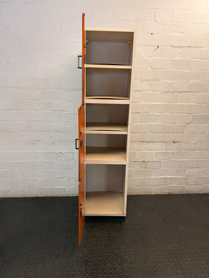 Tall Orange and White Three-Door Storage Cupboard — Well Used with Visible Marks and Scuffs – side view