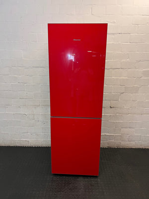 Red Hisense Glass Front Fridge-Freezer — Working Well with Cracked Freezer Drawer – main front view