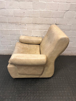Beige Button-Tufted One Seater Couch with Bolster Arms — Damaged Upholstery and Missing Buttons – side view