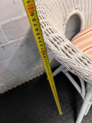 White Wicker Armchair with Striped Cushion — Wicker Coming Undone on Chair Back – height measurement