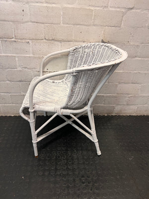 White Woven Wicker Armchair — Wicker Back Coming Undone – back view