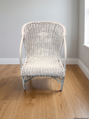 White Woven Wicker Armchair — Wicker Back Coming Undone – styled product image