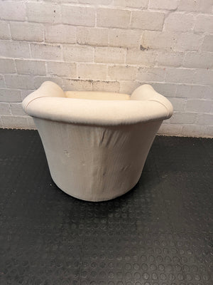 Cream Fabric Tub Chair with Scrolled Arms — Unstable Feet on One Chair; Well Used Condition – back view