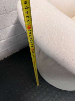 Cream Fabric Tub Chair with Scrolled Arms — Unstable Feet on One Chair; Well Used Condition – height measurement