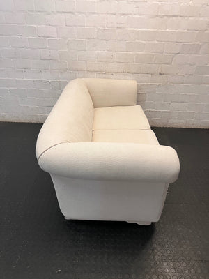Cream Upholstered 2 Seater Couch with Rolled Arms — Slight Cat Claw Marks on Upholstery – back view