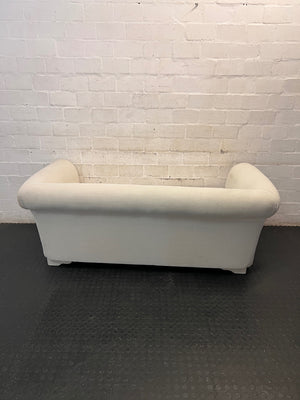 Cream Upholstered 2 Seater Couch with Rolled Arms — Slight Cat Claw Marks on Upholstery – condition detail