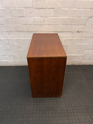 Four-Drawer Wooden Chest with Curved Metal Handles — Damaged with Significant Veneer Loss – condition detail
