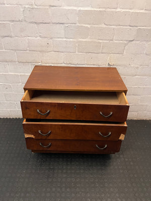 Four-Drawer Wooden Chest with Curved Metal Handles — Damaged with Significant Veneer Loss – side view