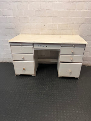 White Wooden Twin-Pedestal Office Desk — Well Used with Missing Hardware – main front view