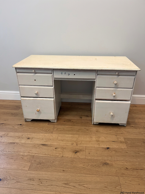 White Wooden Twin-Pedestal Office Desk — Well Used with Missing Hardware – styled product image