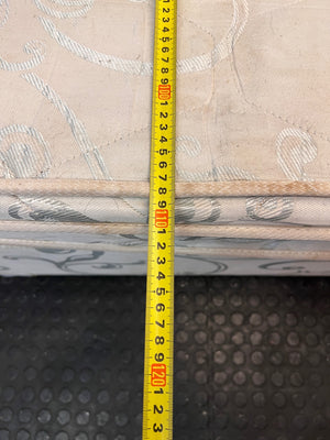 Single Upholstered Base Set with Patterned Mattress — Well Used with Significant Staining – depth measurement