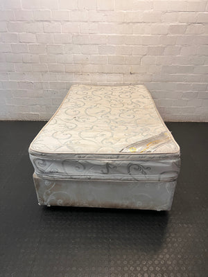 Single Upholstered Base Set with Patterned Mattress — Well Used with Significant Staining – main front view
