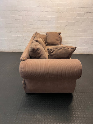 Brown Corduroy 3 Seater Couch with Stud Detail — Well Used Lounge Set – back view