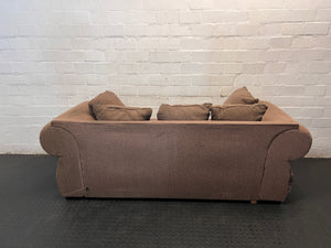 Brown Corduroy 3 Seater Couch with Stud Detail — Well Used Lounge Set – condition detail