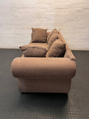 Brown Corduroy 3 Seater Couch with Stud Detail — Well Used Lounge Set – side view