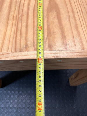 Rustic Oak-Tone Wooden Dining and Work Table — Unfinished Wood with Paint Splatter and Water Rings – width measurement