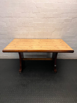 Two-Tone Wooden Trestle Dining Table — Fair Used Condition – back view