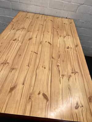Two-Tone Wooden Trestle Dining Table — Fair Used Condition – top view