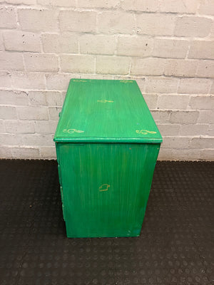 Green Four-Drawer Chest with Musical Note Motifs — Well Used with Aged Painted Finish – condition detail