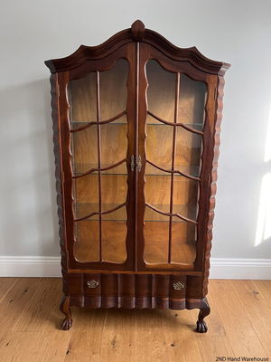 Scalloped Wood and Glass Display Cabinet with Drawer — Well Used Condition – styled product image