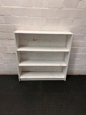 White Wooden Low Bookshelf — Well Used with Visible Surface Wear – main front view