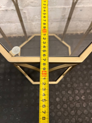 Hexagonal Gold Metal Side Table with Glass Top — Fair Used Condition – width measurement