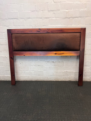 Rustic Wooden Headboard with Brown Upholstered Panel — Good Used Condition – top view