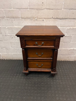 Classic Carved Wooden Side Table with 3 Drawers — Fair Used Condition – main front view