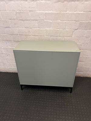 Sage Green 3-Drawer Chest with Black Metal Legs — Good Condition with Safety Locks Attached – back view