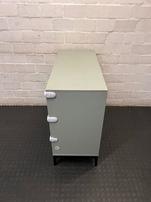 Sage Green 3-Drawer Chest with Black Metal Legs — Good Condition with Safety Locks Attached – condition detail