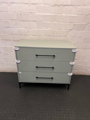 Sage Green 3-Drawer Chest with Black Metal Legs — Good Condition with Safety Locks Attached – main front view