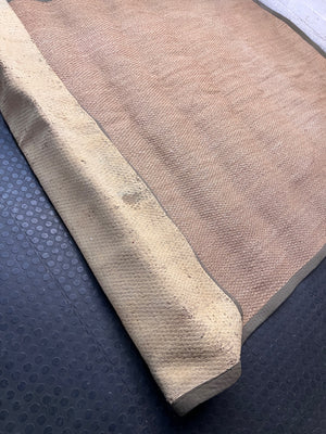 Large Woven Brown Area Rug with Fabric Border — Fair Condition with Visible Wear – top view