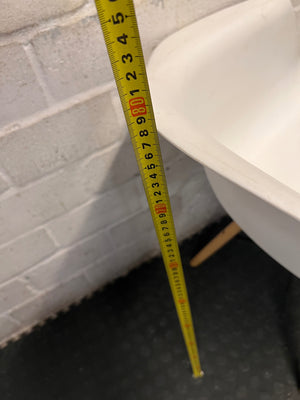 Moulded White Dining Chair with Tapered Wooden Legs — Visible Wear and Surface Marks – height measurement