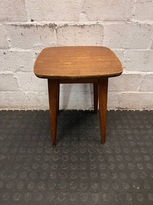 Vintage Tapered Leg Wooden Side Table — Visible Surface Wear and Scratches – back view