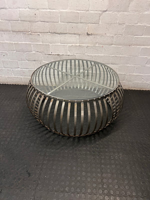 Round Industrial Metal and Glass Coffee Table — Fair Condition with Surface Wear – main front view