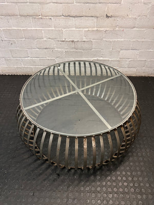 Round Industrial Metal and Glass Coffee Table — Fair Condition with Surface Wear – top view