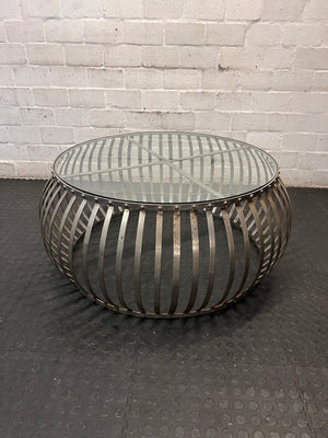 Round Industrial Metal and Glass Coffee Table — Fair Condition with Surface Wear – width measurement