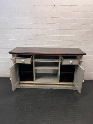 Large Rustic Distressed Painted TV Unit with Wood Top — Well Used with Significant Surface Wear – side view