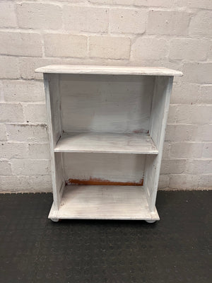 Compact White Two-Tier Bookshelf — Well Used with Significant Paint Wear – main front view