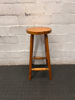 Classic Brown Wooden Bar Stool with Round Seat — Worn Condition with Structural Wear – back view