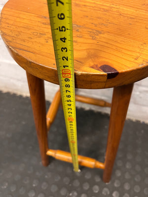 Classic Brown Wooden Bar Stool with Round Seat — Worn Condition with Structural Wear – height measurement