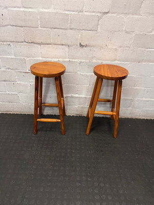 Classic Brown Wooden Bar Stool with Round Seat — Worn Condition with Structural Wear – side view