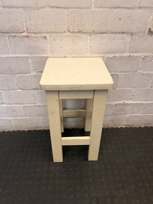 Off-White Wooden Square Bar Stool — Well Used with Visible Surface Wear – condition detail