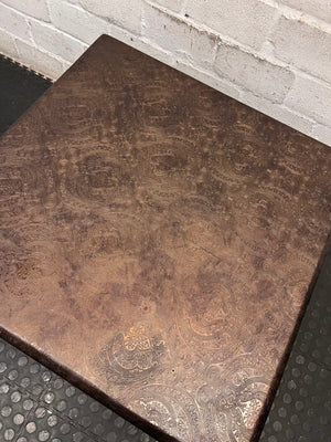 Brown Upholstered Square Coffee Table with Turned Legs — Well Used Condition – condition detail
