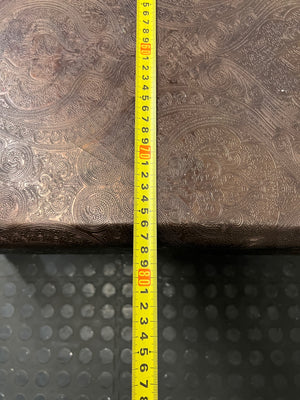 Brown Upholstered Square Coffee Table with Turned Legs — Well Used Condition – depth measurement