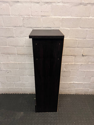 Black Slim Display Cabinet with Glass Door and Drawer — Well Used with Visible Wear – back view